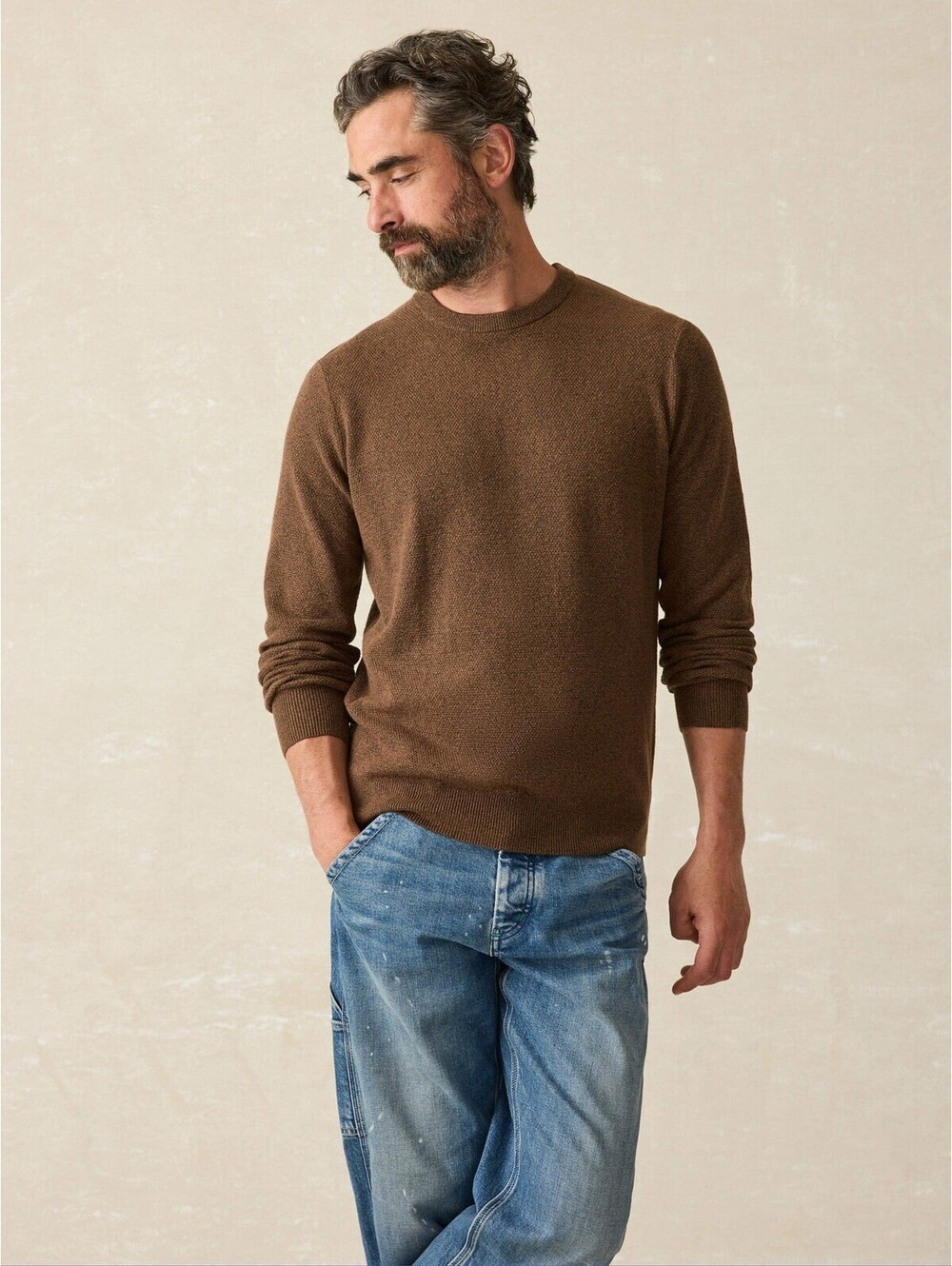 $178 Faherty Mens Jackson Crew Sweater Trail Brown Heather Cotton Blend Size S